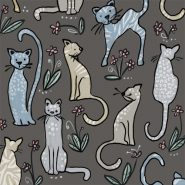 illustrated cats in blue and stone against a mink background surface design