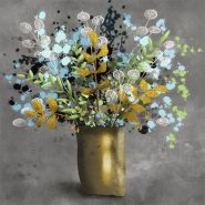 Gold vase with flowers in blue, green and white illustration