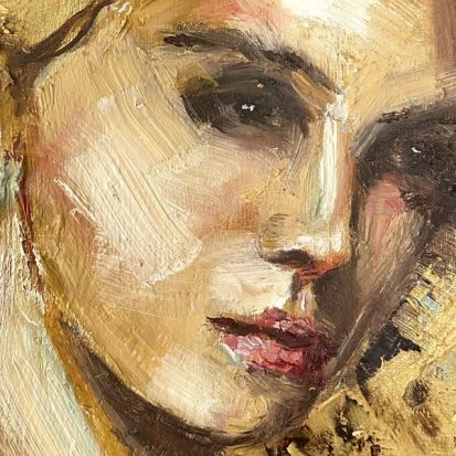close up of an oil painting of a girl in shades of gold