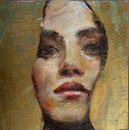 Face Study in Gold No.1 Oil and acrylic painting of a woman's face on board