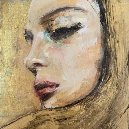gold oil painting showing the side profile of a woman