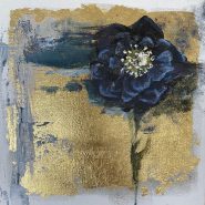 painting of a black flower in oil paint and gold leaf