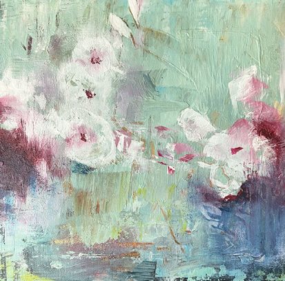 Acrylic painting of abstract orchids on canvas board