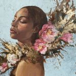 Oil painting of a Black girl with flowers around her neck