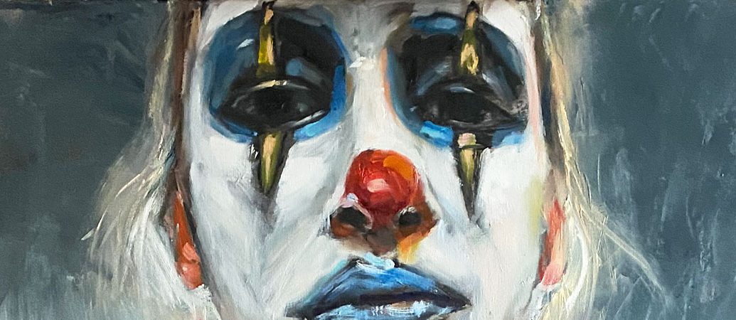 Oil painting of a sad girl's face painted as a clown