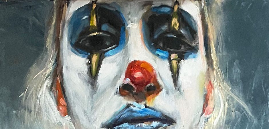 Oil painting of a sad girl's face painted as a clown