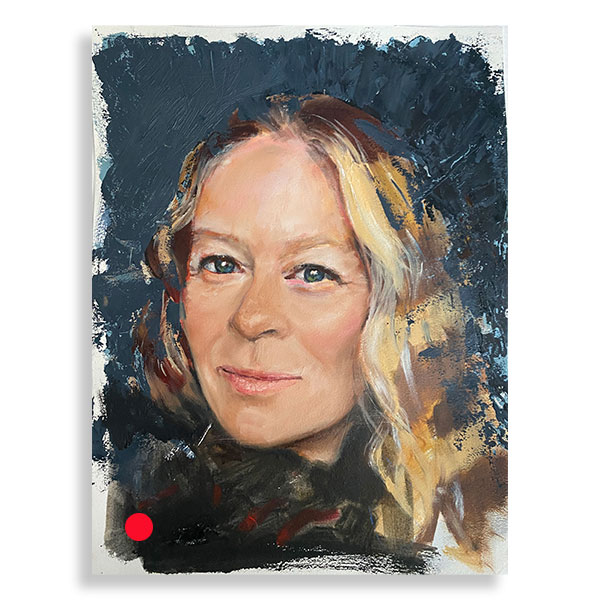 Rachel portrait of a woman with blonde hair in oils with a dark blue background