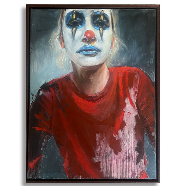 painitng of a woman in blue and red face painted as a clown