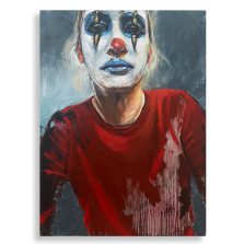 Fine art oil painting of a woman in a red jumper with her sad face painted as a clown
