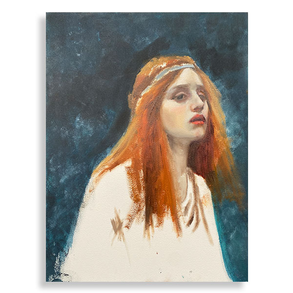 Lady-of-Shalott-Master-Study-Square. The lady of Shalott oil painting master study. An expressive face of a woman with red hair