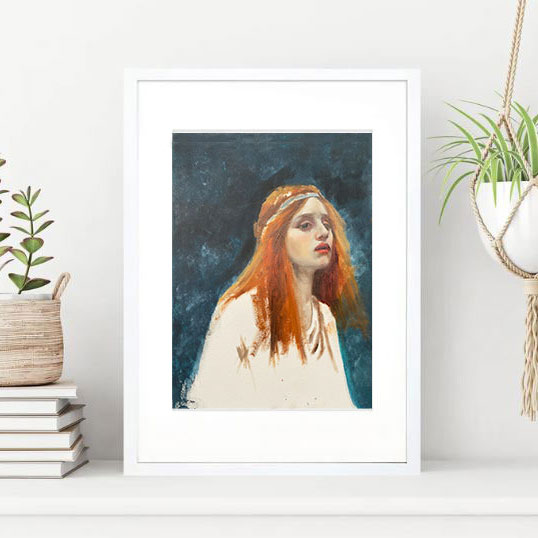 Master-Study-Lady-of-Shalott-lifestyle-image2 A master study oil painting of The Lady of Shalott, set in a white fram on a shelf with plants either side