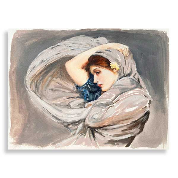 Boreas-square Boreas painting, a master study of John William Waterhouse's painting of a woamn with a shawl around her arm and head blowing in the wind