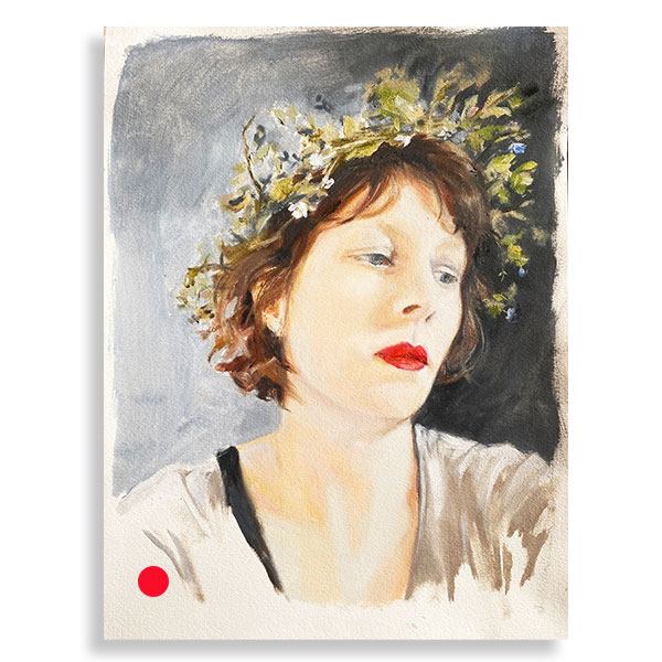 Potrait in oils of a woman with flowers and leaves as a garland in her hair