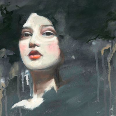 porcelain faced woman with dark hair in front of a stormy sky