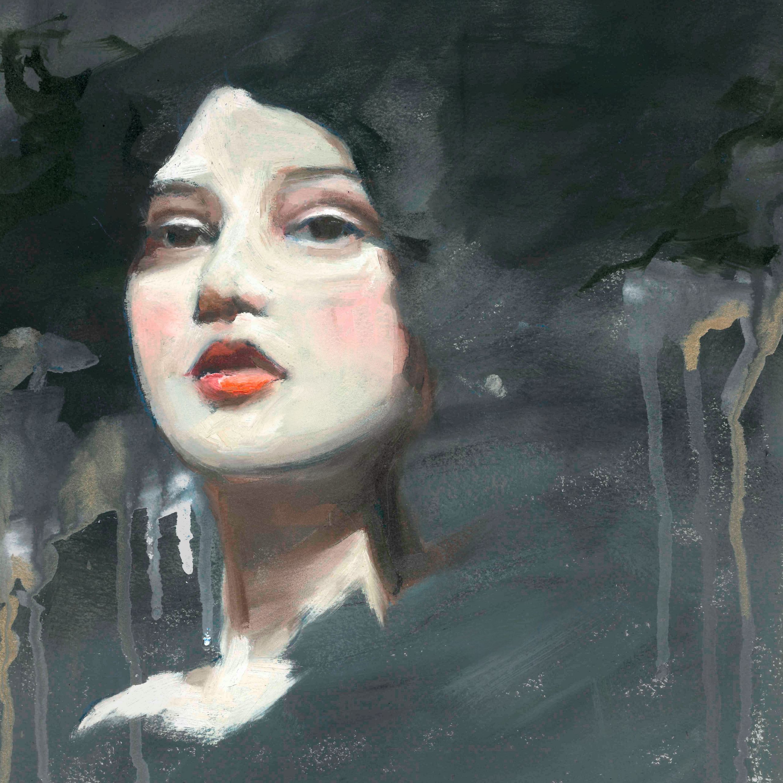 Betty porcelain faced woman with dark hair in front of a stormy sky