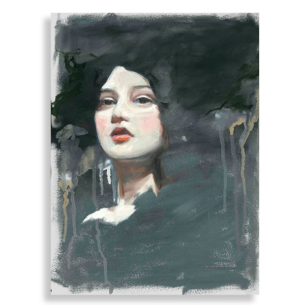 Betty-square Oil painting of a beautiful woman with pale skin and red lips against an atmospheric background.