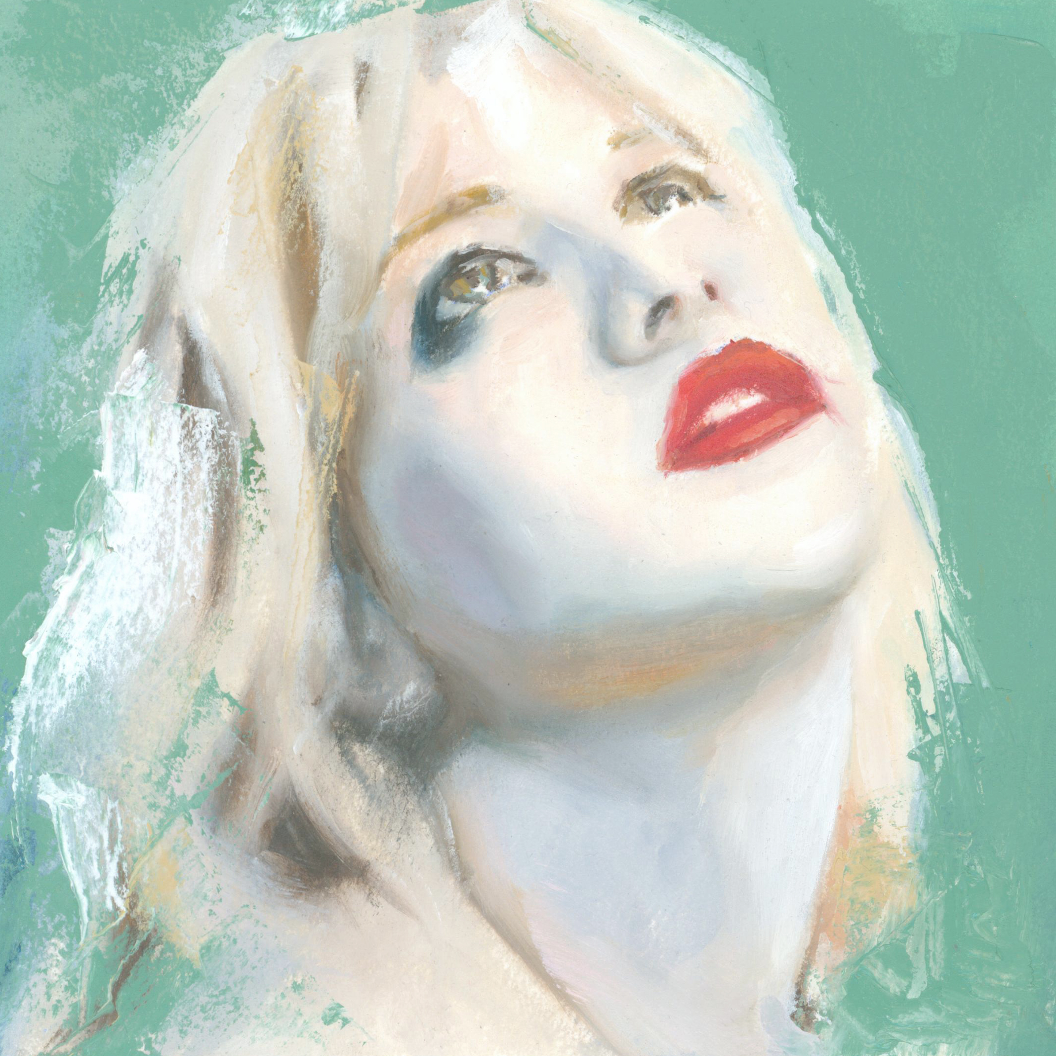 Painitng of Courtney Love with smudged red lipstickwith her head tilted backwards, against a green background.