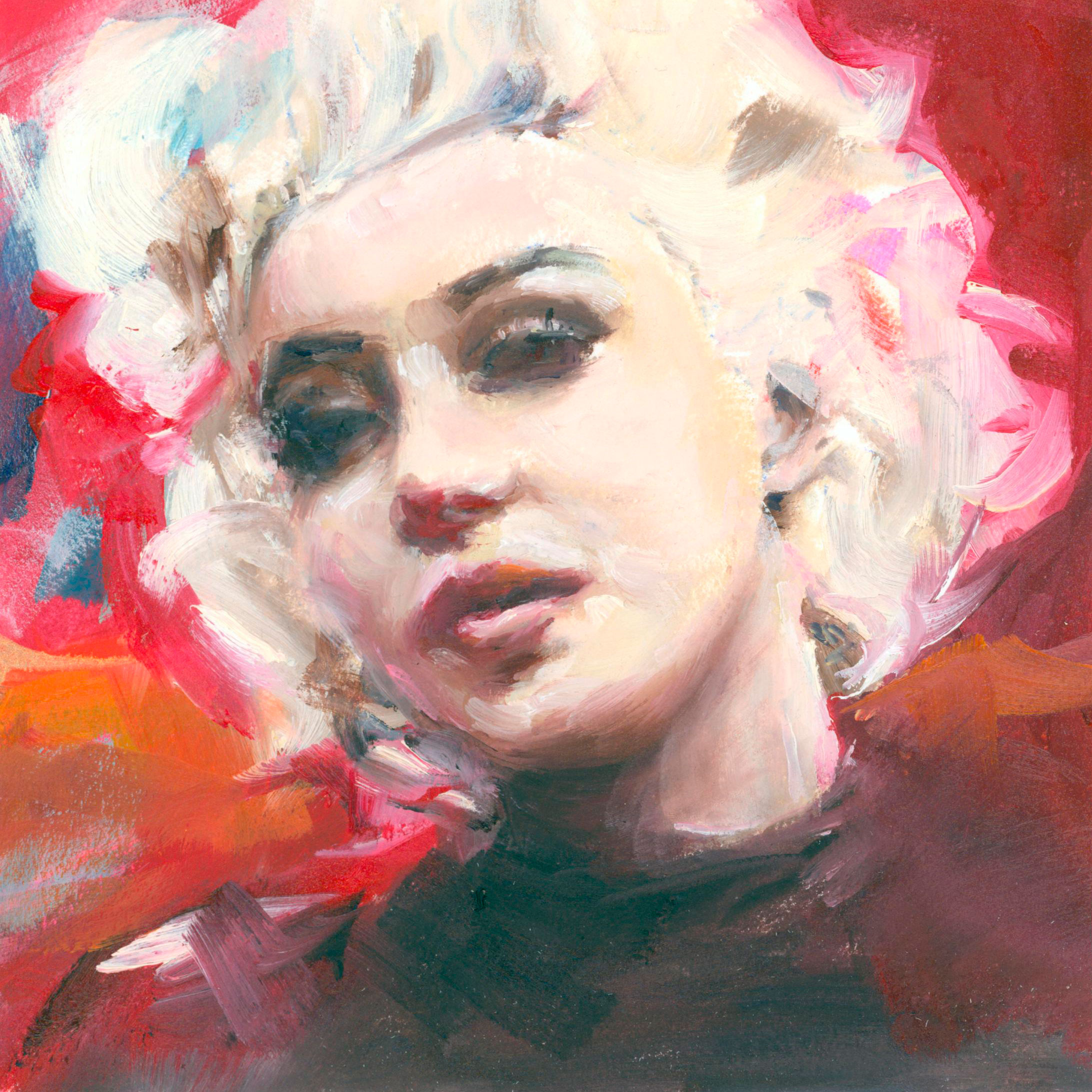 oil painting of Marilyn Monroe against a red and oramge background