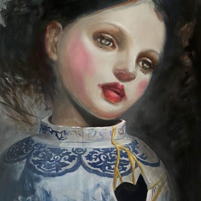 a contemporary figurative painting blending delicate porcelain motifs with soulful portraiture