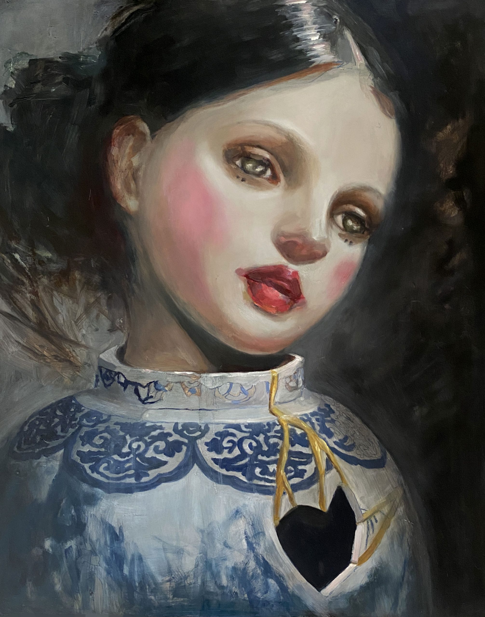 Porcelain-by-Becky-McCarthy- a contemporary figurative painting blending delicate porcelain motifs with soulful portraiture