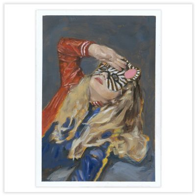 a young girl in a zebra mask in a dramatic pose