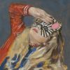 The-Agony-of-Youth-cropped-square Oil painting portrait of a girl in a zebra mask