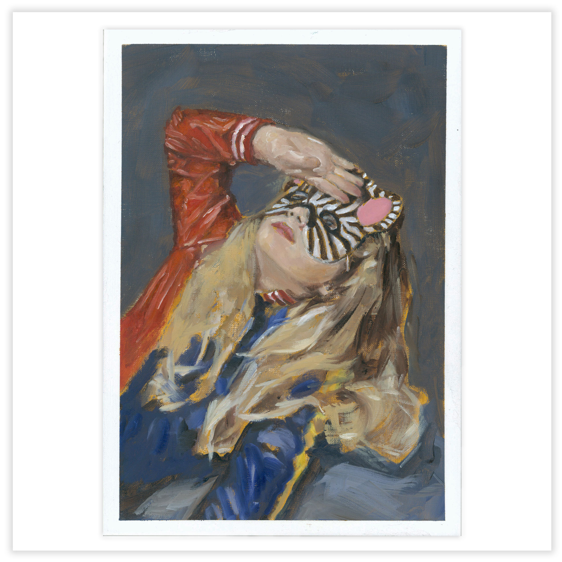 a young girl in a zebra mask in a dramatic pose