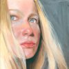 painting of a blonde haired woman against a grey background