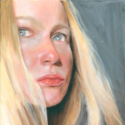 painting of a blonde haired woman against a grey background