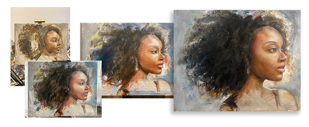 4 images showing the progress of a painting of a Black woman