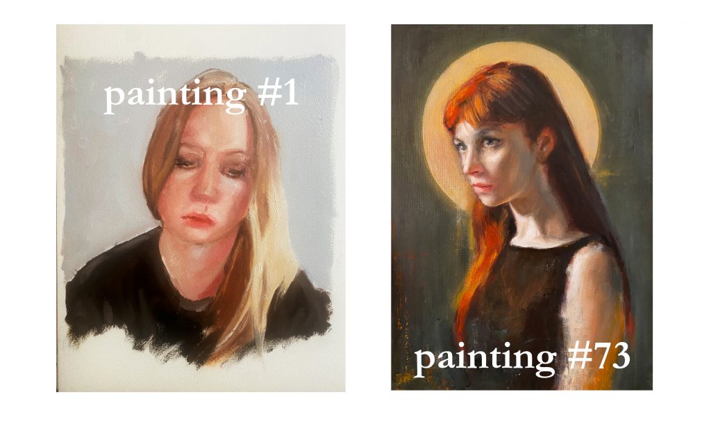 portrait painting progress, 2 paintings in oils, number 1 and number 73 in the 100 portraits challenge