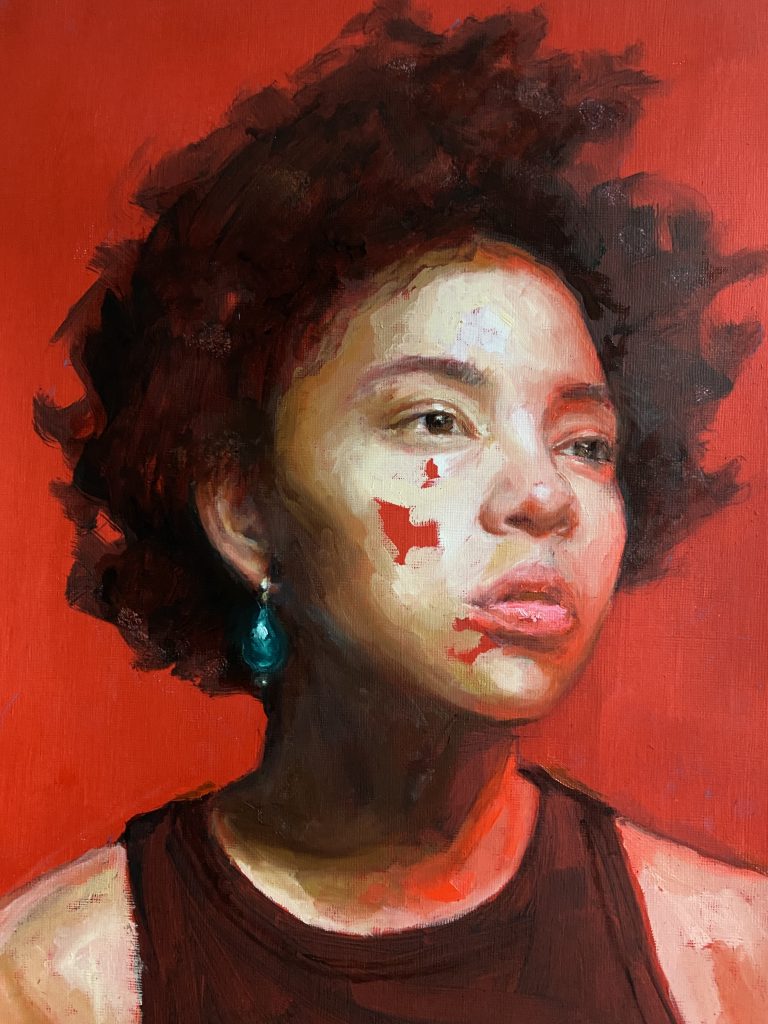 The Girl with the Green earring, painting of a balck woman against a red background with a green glass earring