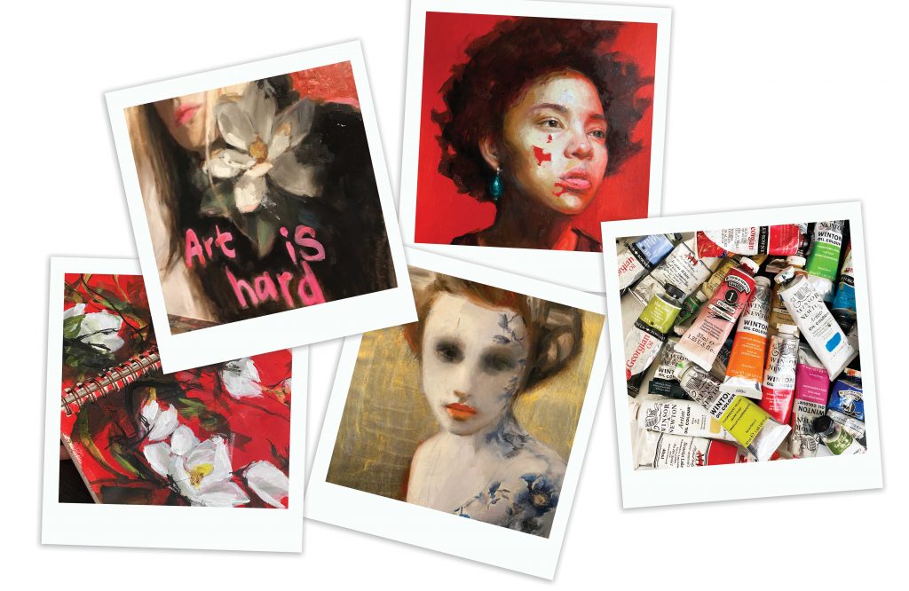 Becky Mccarthy snapshot of instagram. Five art polaroids showing art, sketchnooks and more.