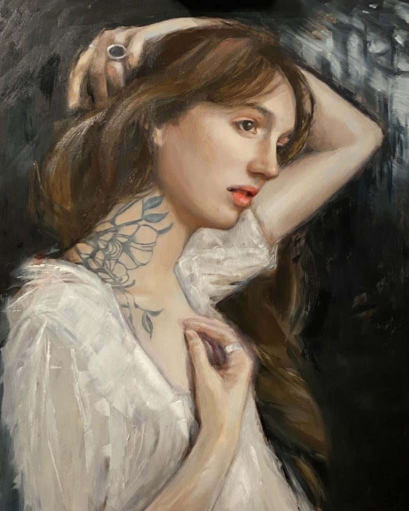 oil painting by Becky McCarthy in the style of J W Waterhouse, titled Emmeline.