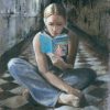 a woman cross-legged on a chequered floor reading Cinderella