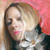 detail of a painting of a blonde haired woamn with a magnolia with the quote Art is Hard