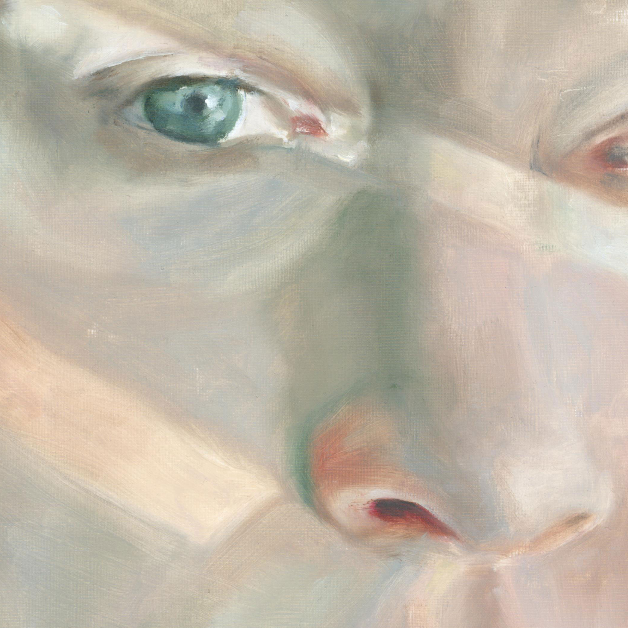 detail of a painting, Blind, which shows the light on a face through blinds
