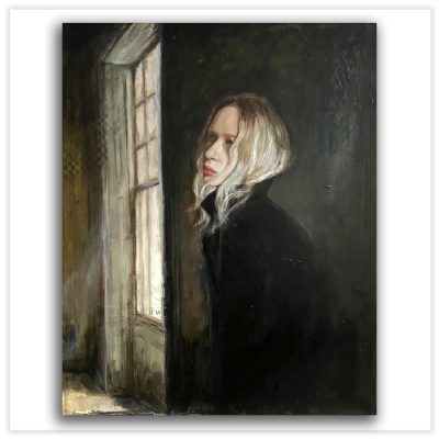 painting of a woman with blonde hair in an abandoned room