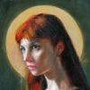 Painting of a red haired woman with a halo