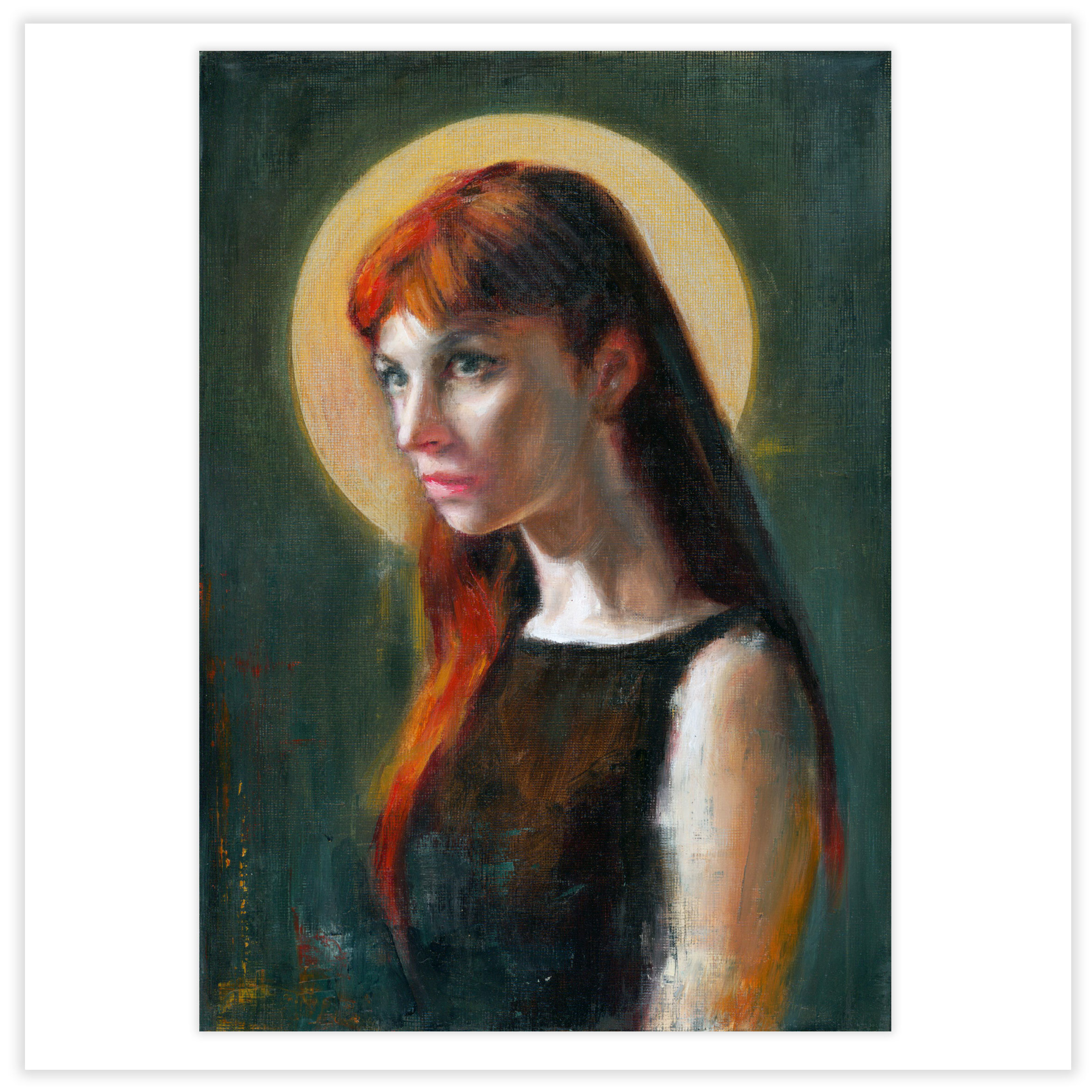 woamn with a halo with red hair and a green background