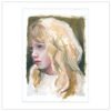 paintng of a blonde haired girlin tones of oilve and pink