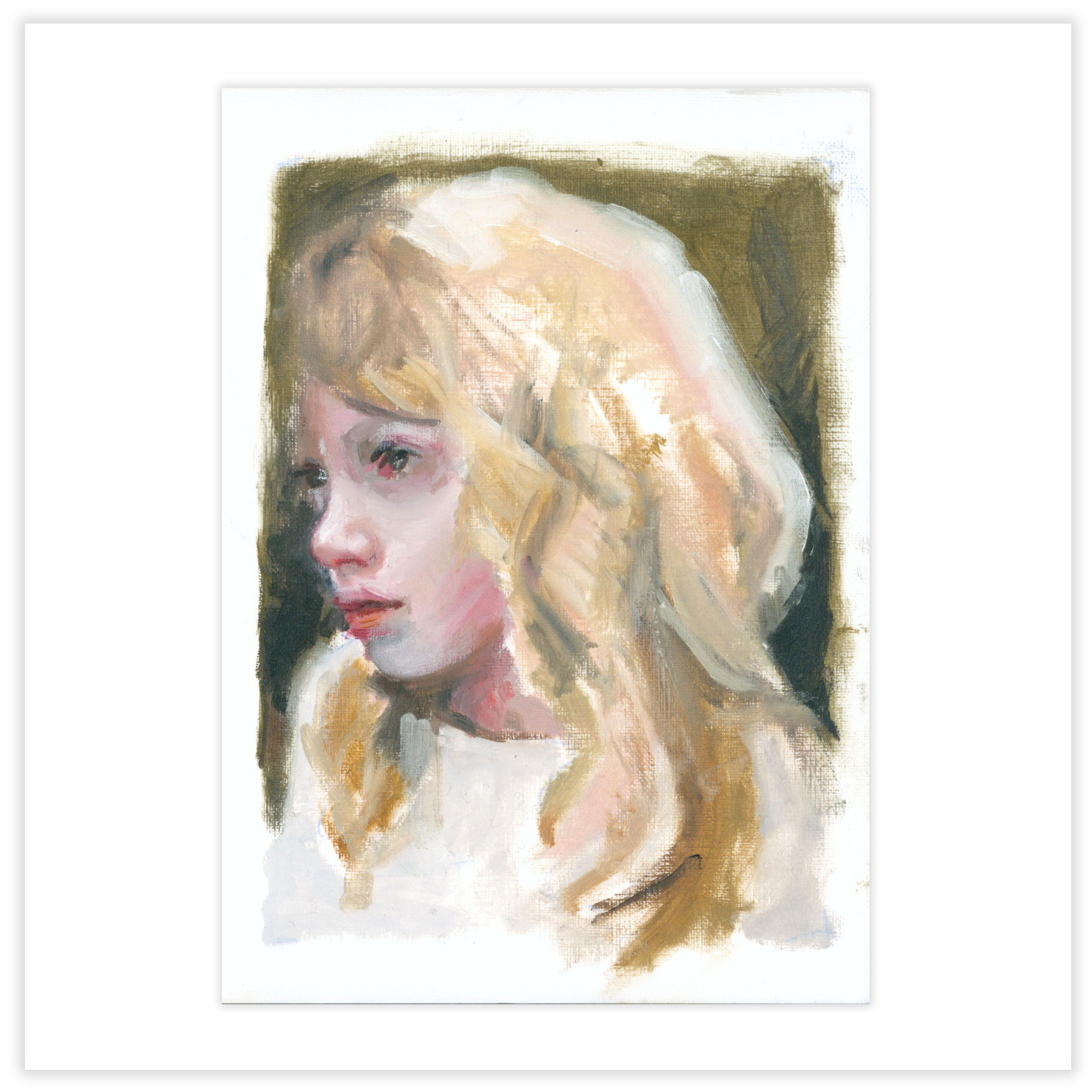 paintng of a blonde haired girlin tones of oilve and pink