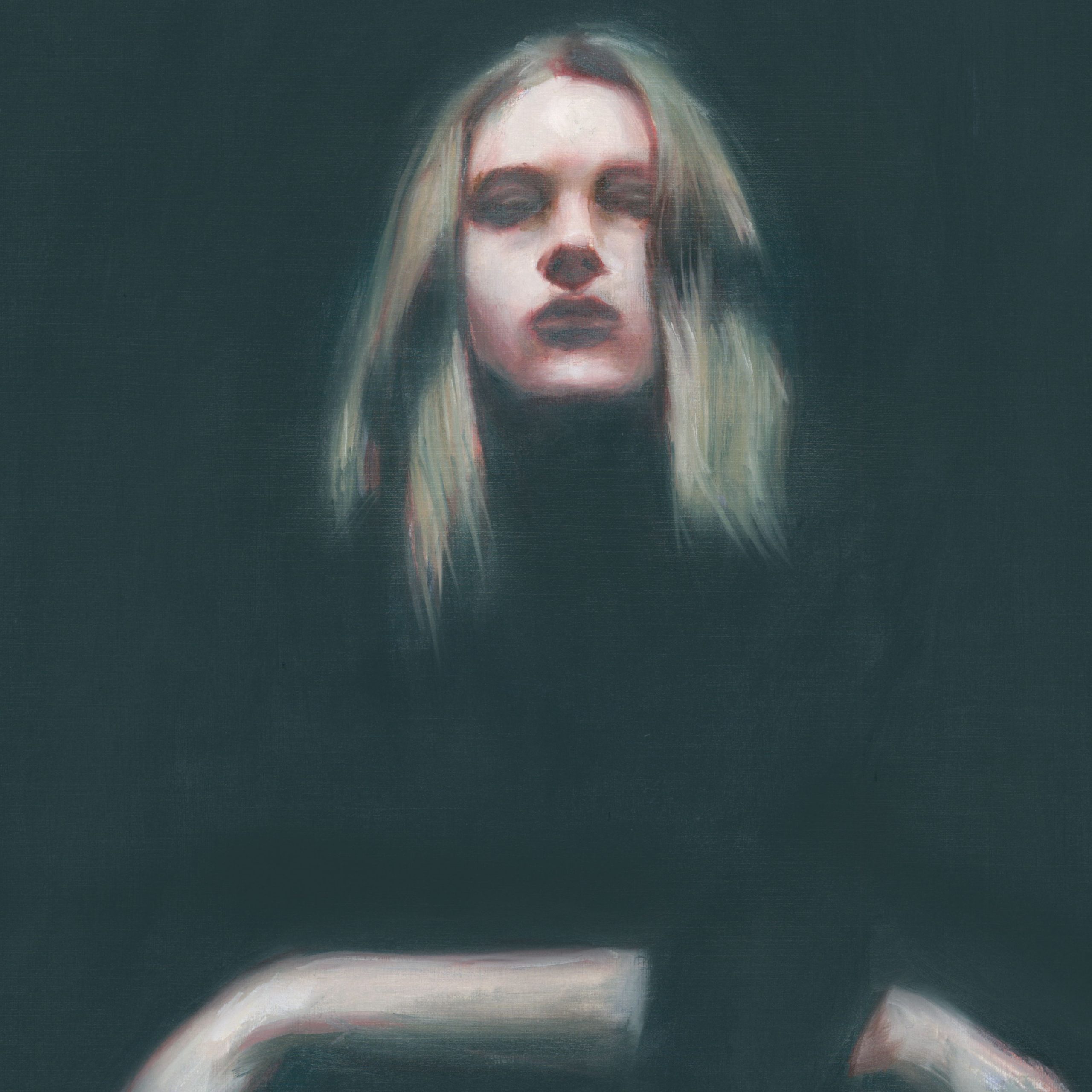 a painting of a woman with a face and hands emerging from the shadows