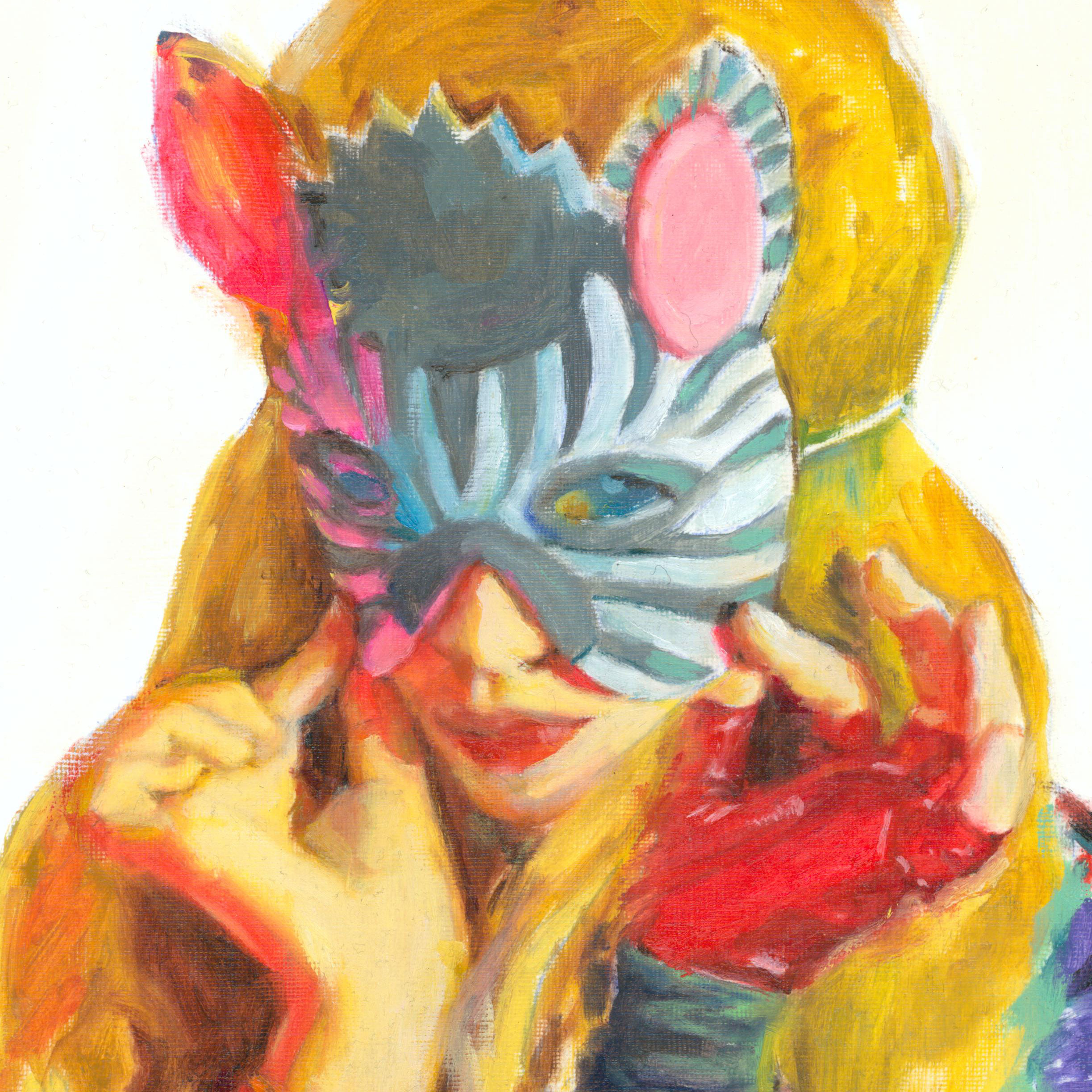 detail of a painting of a girl in zebra mask