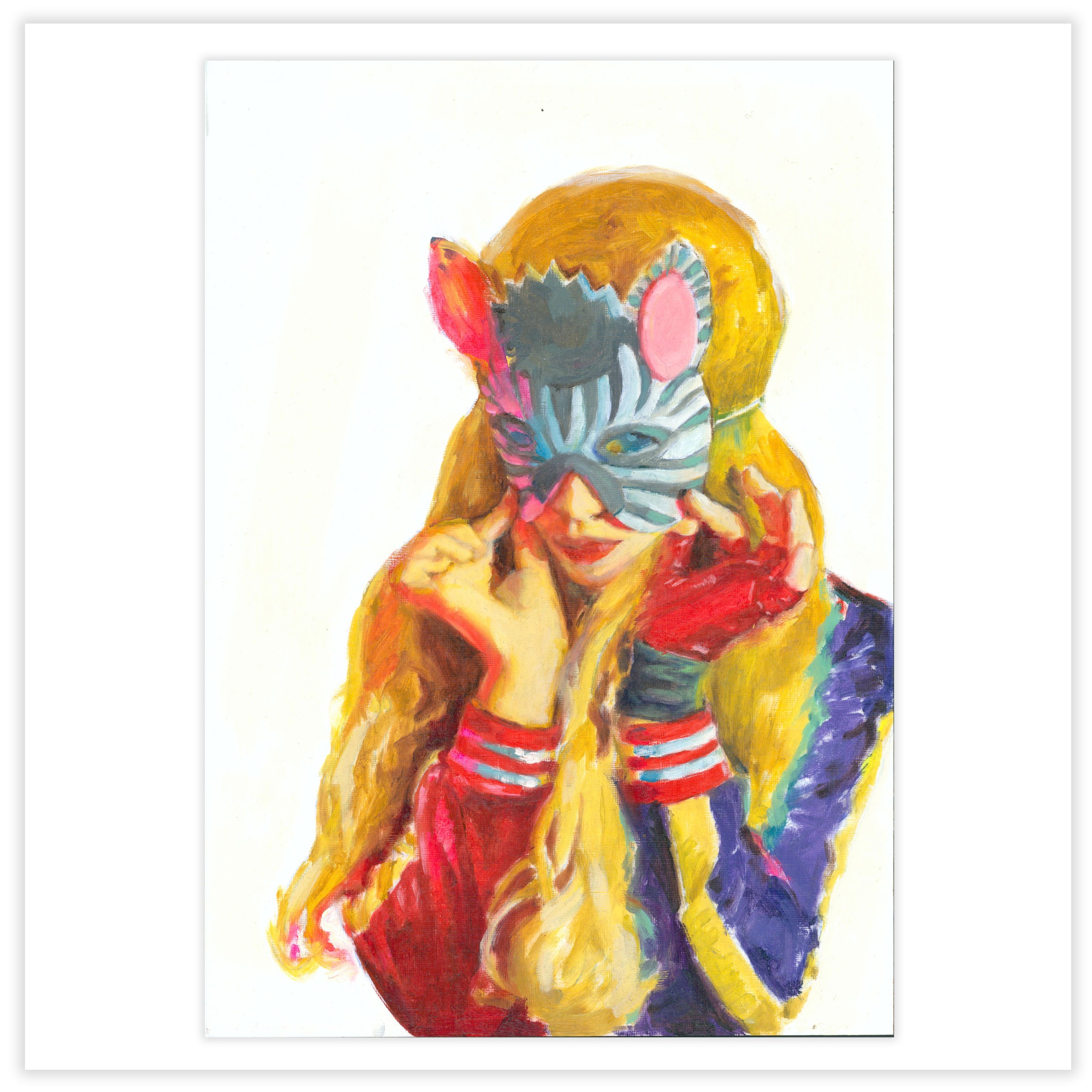 painting of a girl in a zebra mask wearing a Harley Quinn jacket