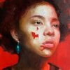 a painting of a Black woman with a green earring against a red background