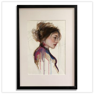 painting of a woman in profile, loose paint strokes and drips with a realistic face