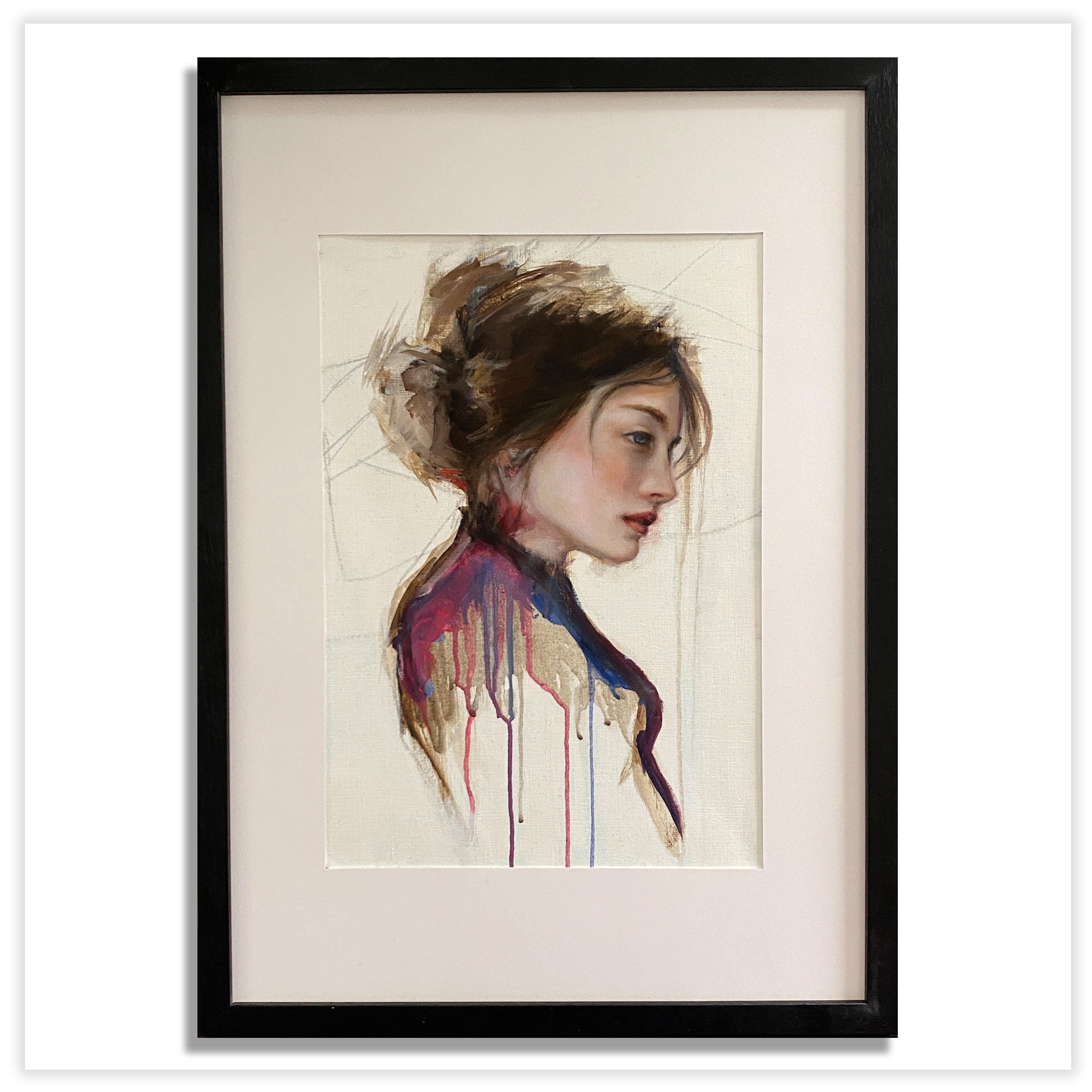 painting of a woman in profile, loose paint strokes and drips with a realistic face